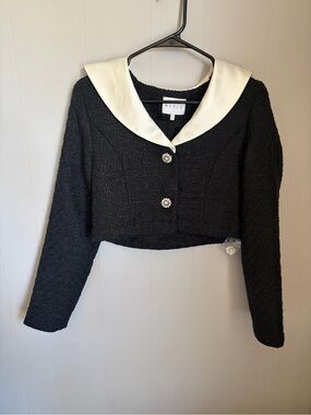 MARBLE Black Tweed Cropped Jacket with White Sailor Collar